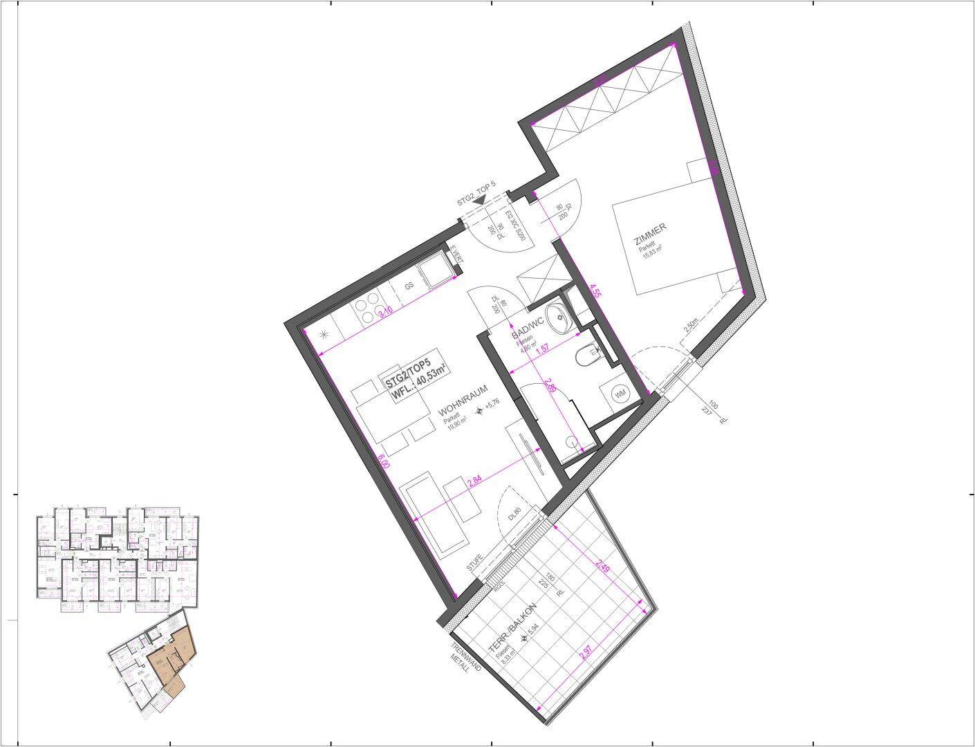 Grundriss einer modernen Wohnung mit einem Schlafzimmer, offenem Wohnbereich, Bad und einem großzügigen Terrassenbalkon.