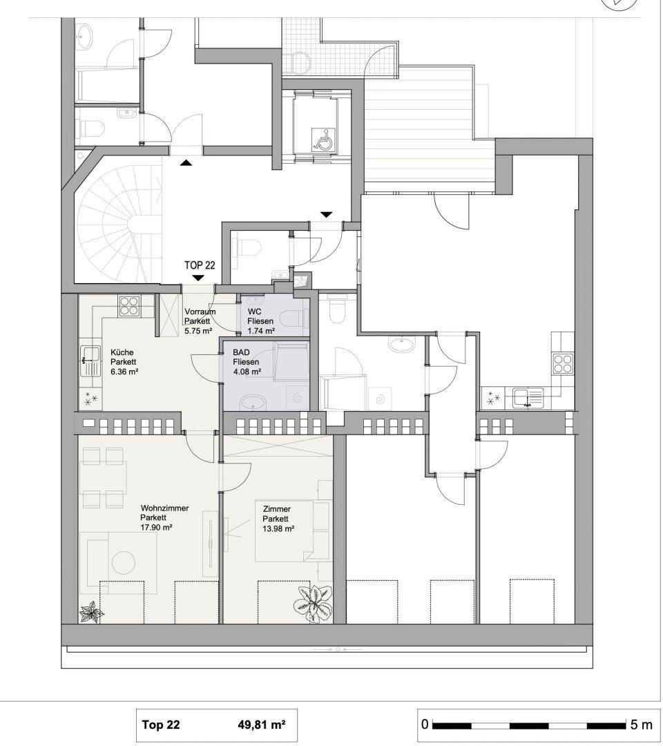 Grundriss einer Wohnung mit Küche, Bad, WC, Wohnzimmer und einem weiteren Zimmer.