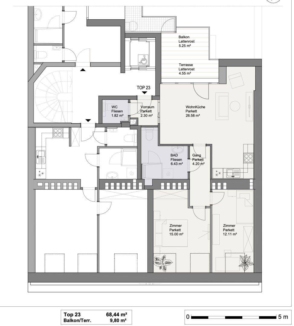 Grundriss der Wohnung Top 23 mit Wohnküche, zwei Schlafzimmern und Balkon.