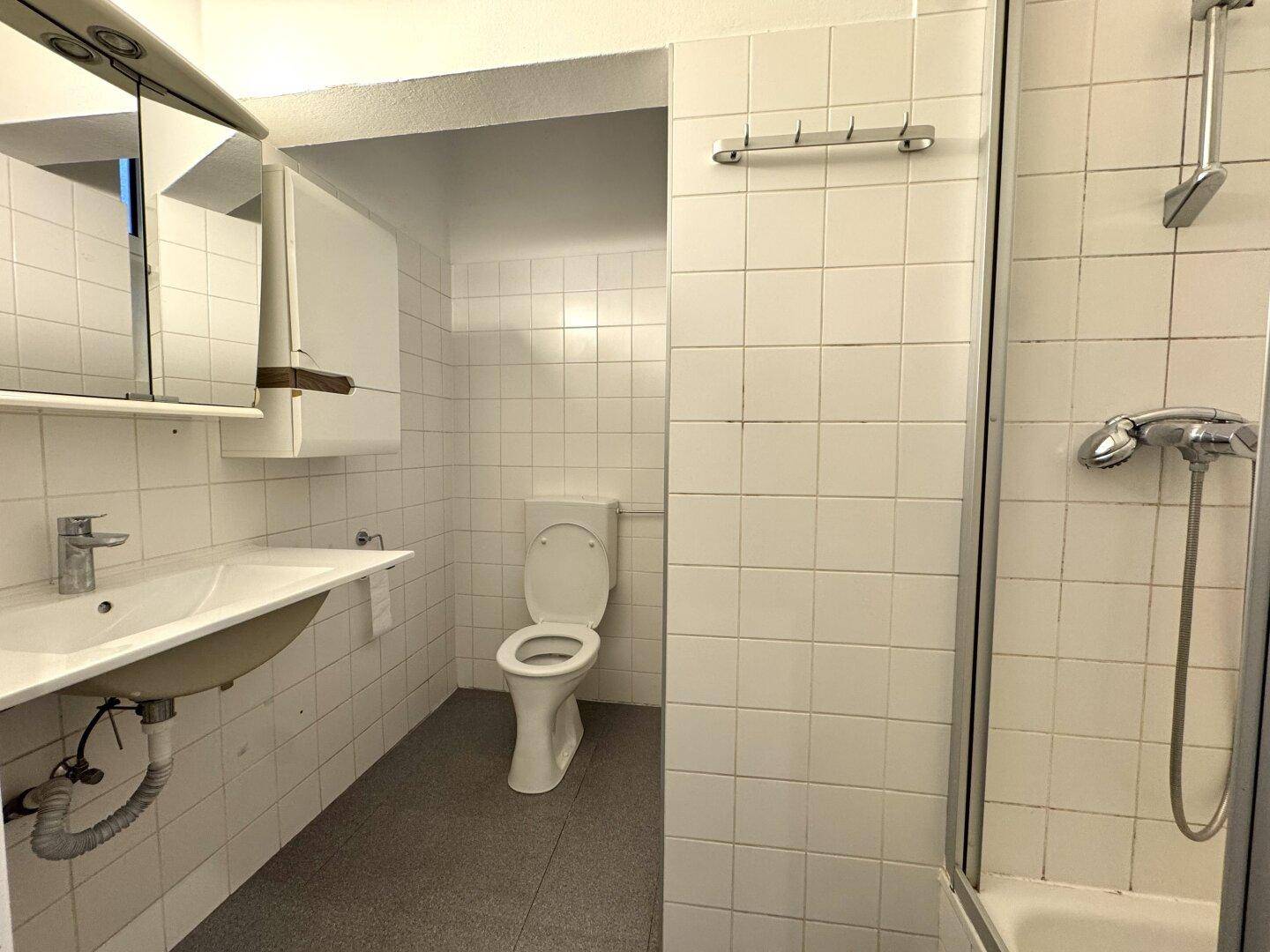 Gefliestes Badezimmer mit Dusche, Toilette und Waschbecken, ausgestattet mit Spiegelschrank.