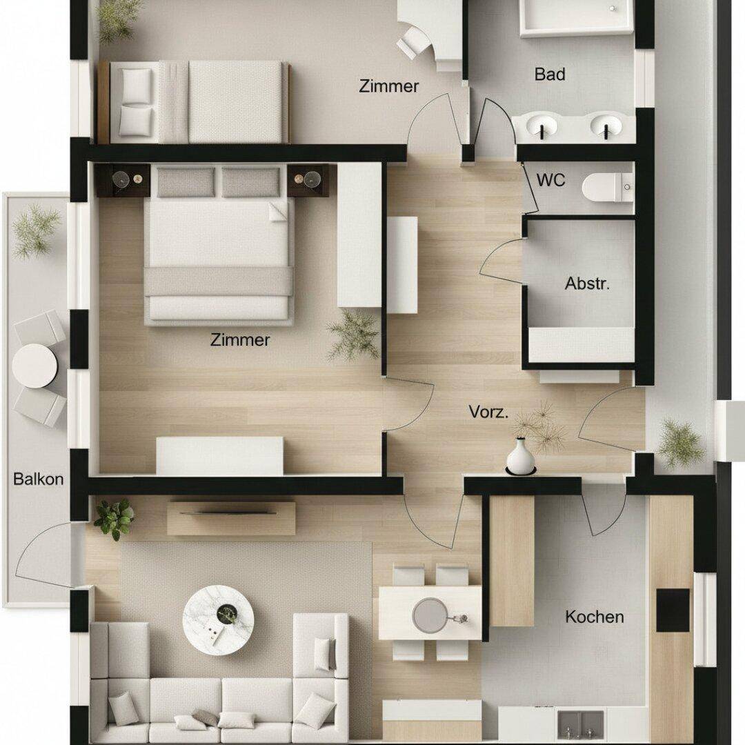 Grundriss einer Wohnung mit zwei Schlafzimmern, offenem Wohnbereich und Balkon.