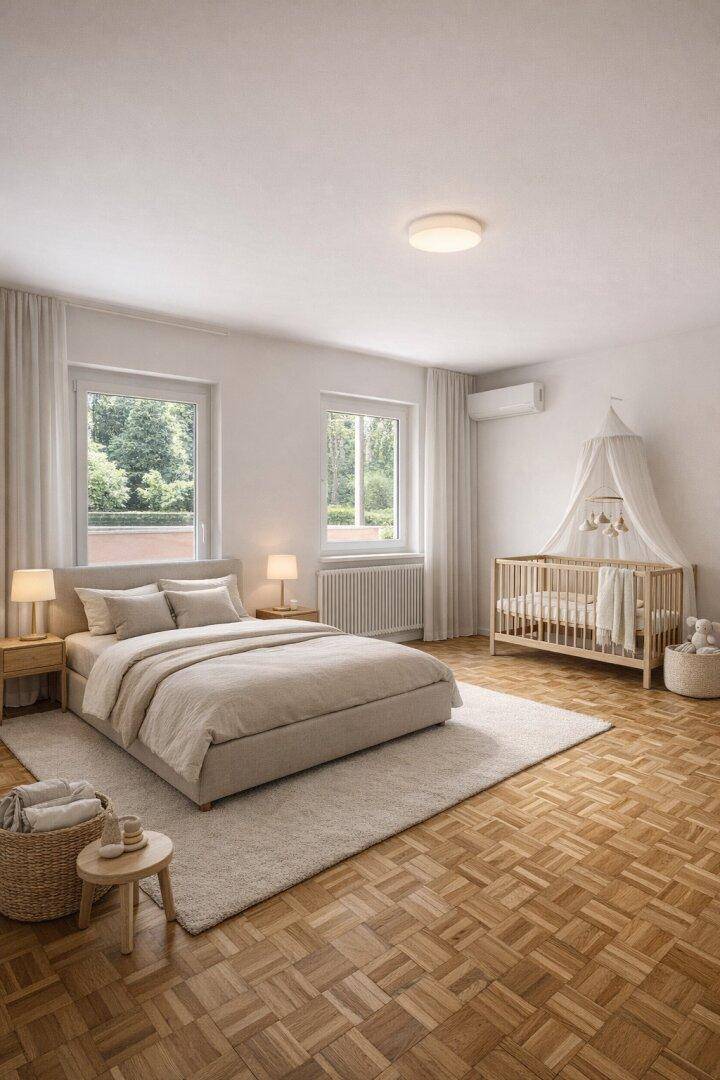 Gemütliches Schlafzimmer mit Doppelbett, Babybett und Parkettboden, hell und freundlich.