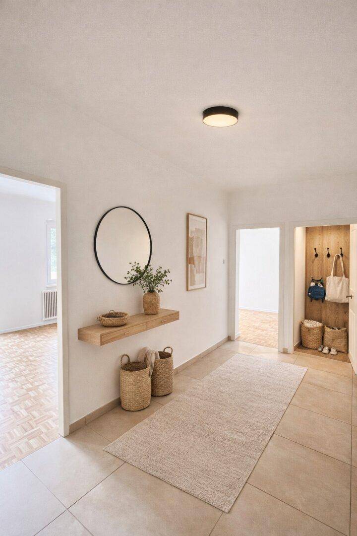 Heller Flur mit Fliesenboden, Spiegel und Garderobe, einladend gestaltet.