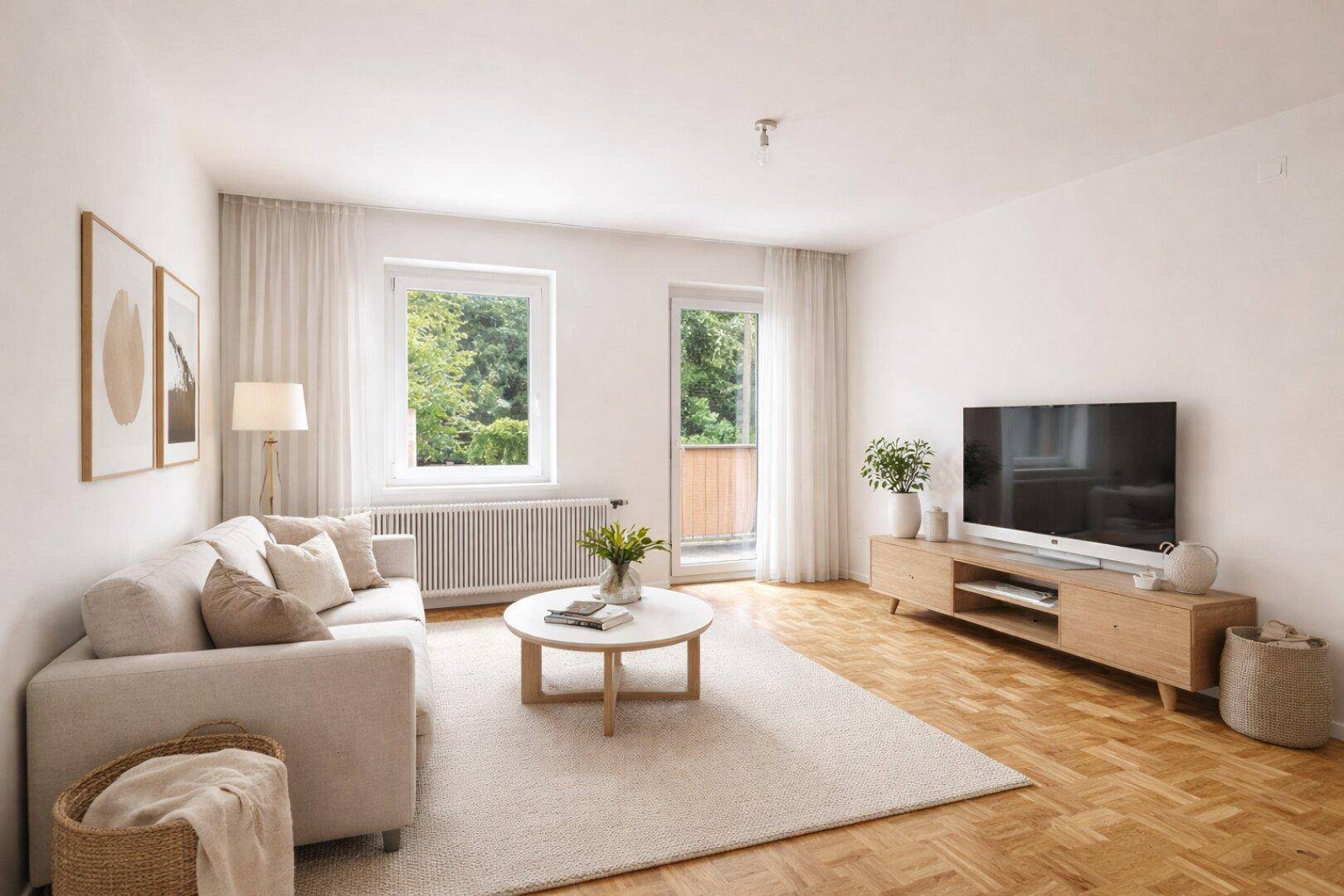 Helles Wohnzimmer mit modernem Sofa, Holzboden und Zugang zum Balkon.