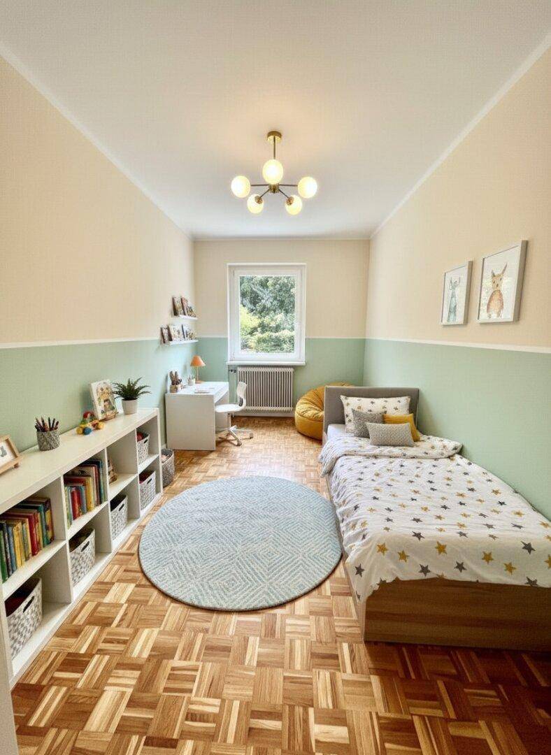 Farbig gestaltetes Kinderzimmer mit Parkettboden, Bett und Regalen, hell und freundlich.