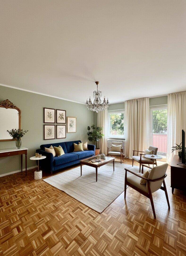 Elegantes Wohnzimmer mit Parkettboden, Kronleuchter und Blick ins Grüne.
