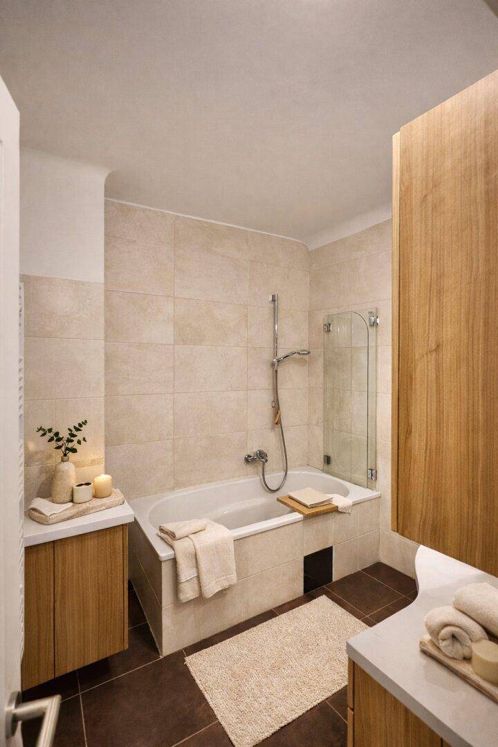 Modernes Badezimmer mit Badewanne, beigefarbenen Fliesen und Holzmöbeln.