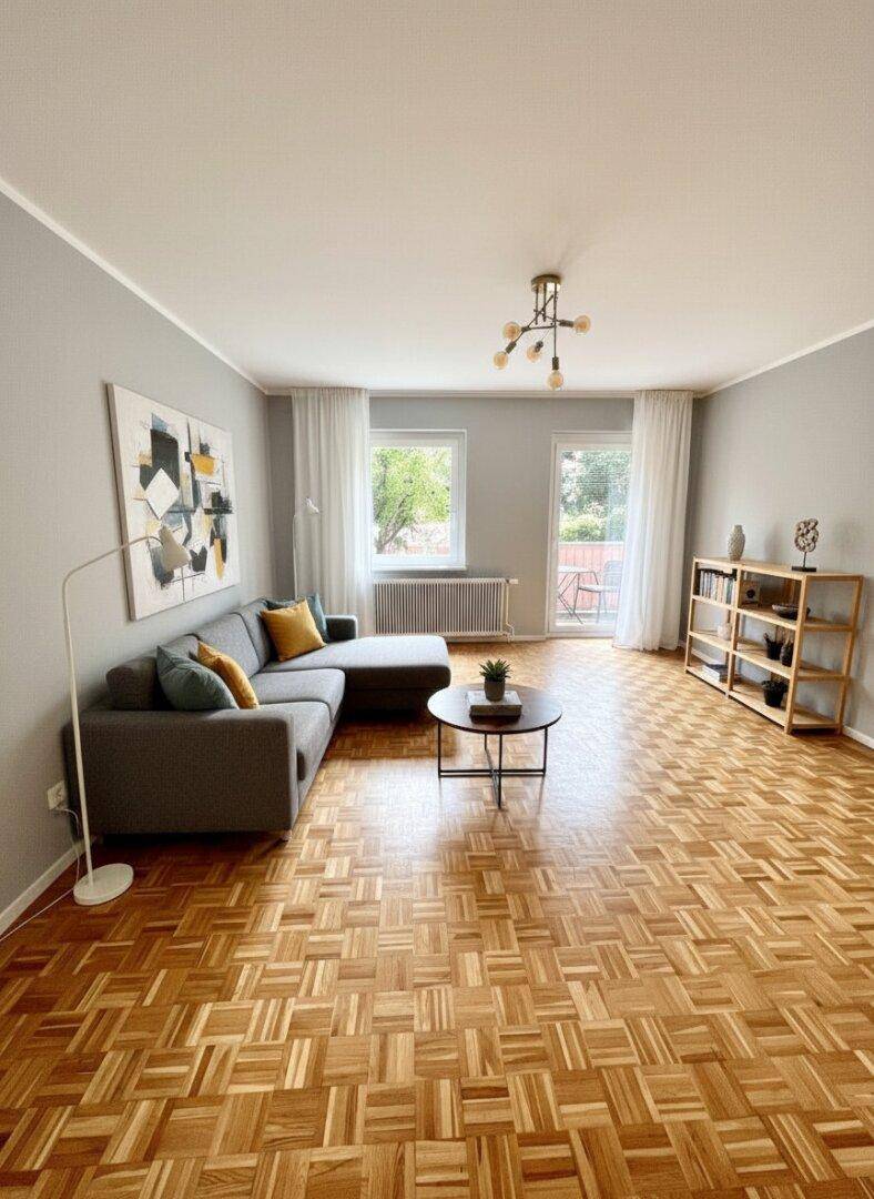 Gemütliches Wohnzimmer mit Parkettboden, Ecksofa und Zugang zum Balkon.