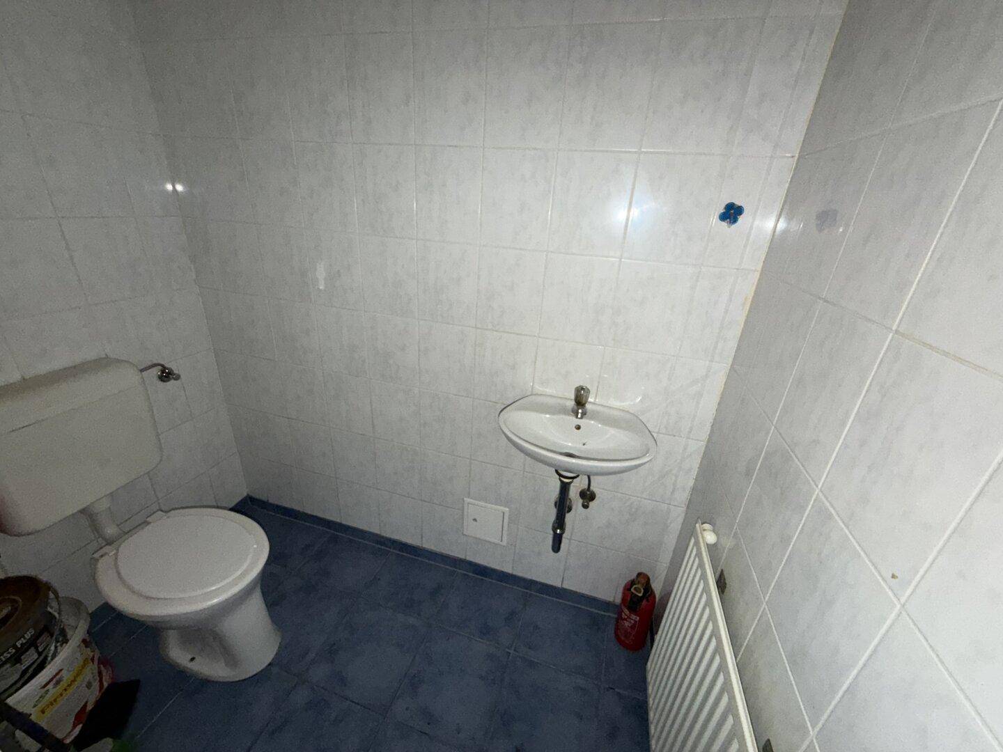 Kleines WC mit Toilette, Waschbecken und hellblauen Bodenfliesen, einfach und funktional.