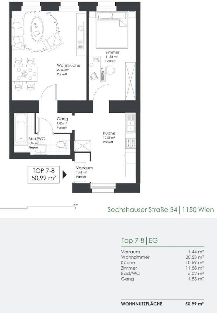 Detaillierter Grundriss der Wohnung Top 7-8 mit Wohnküche, Schlafzimmer und Bad/WC.