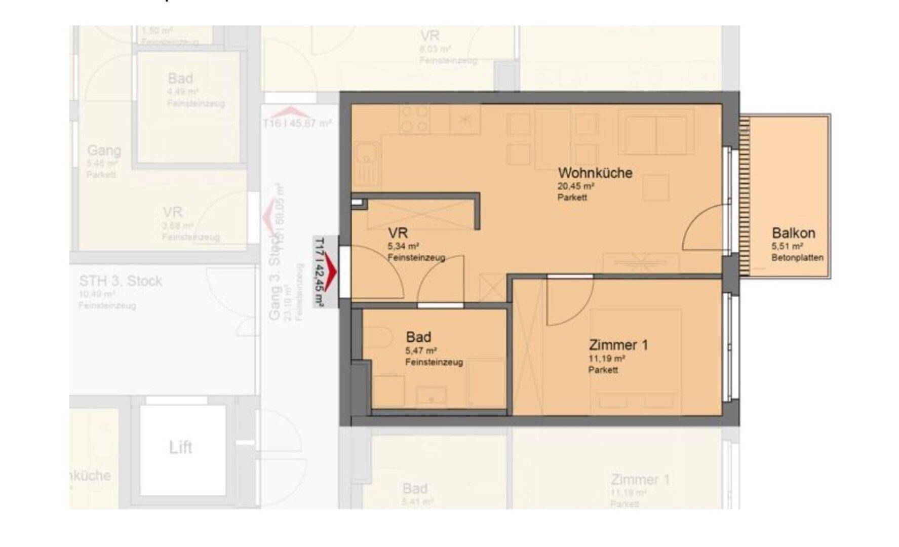 Grundriss einer Wohnung mit offener Wohnküche, einem Zimmer, Bad und Balkon.