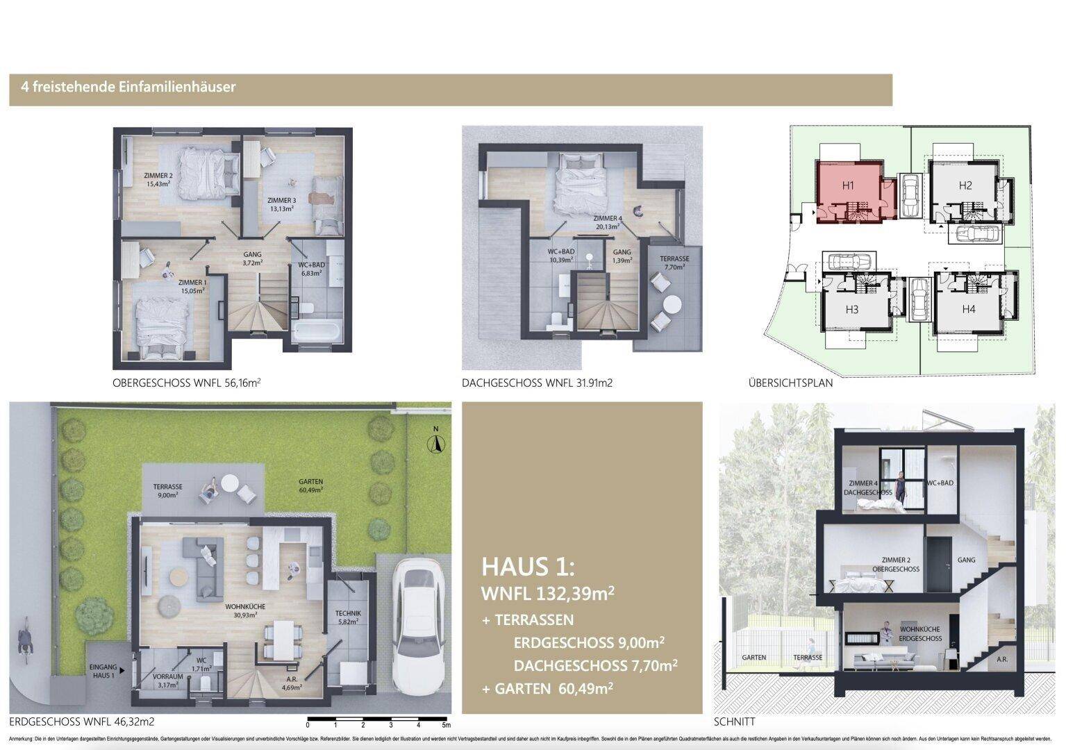 Detaillierte Grundrisse und Schnittansicht eines modernen Einfamilienhauses mit Garten, Terrassen und Carport.