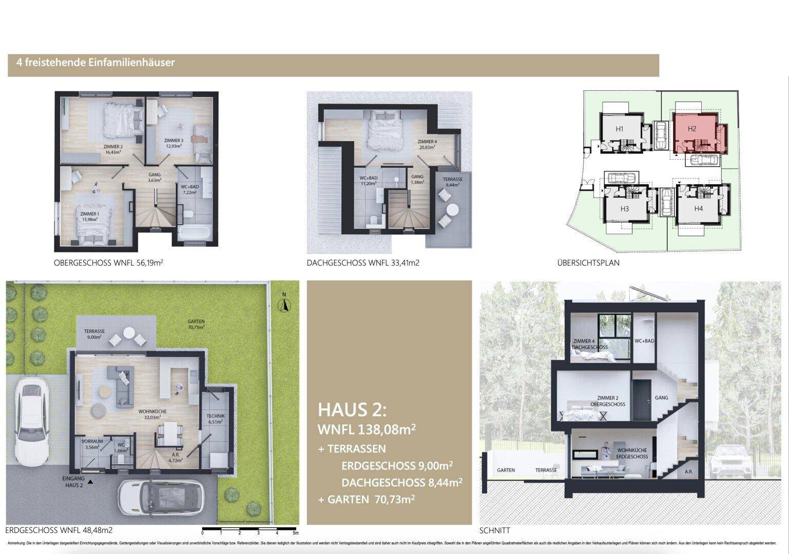 Detaillierte Grundrisse und Schnittansicht eines modernen Einfamilienhauses über drei Etagen mit offenem Wohnbereich, Terrassen und Garten.