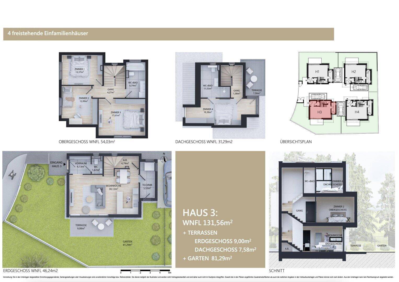 Detaillierte Grundrisse und Schnittansicht eines modernen Einfamilienhauses mit mehreren Etagen, Terrassen und Garten.