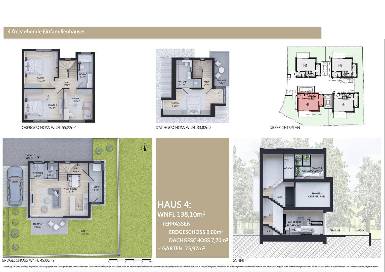 Detaillierte Grundrisse und Schnittansicht eines Einfamilienhauses mit offenem Wohnbereich, Garten, Terrassen und Dachschräge.