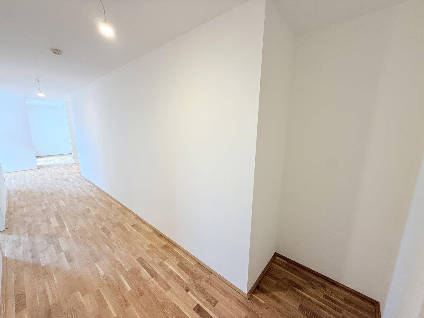 Helle Ecke eines Flurs mit Parkettboden und weißen Wänden, bietet viel Platz.