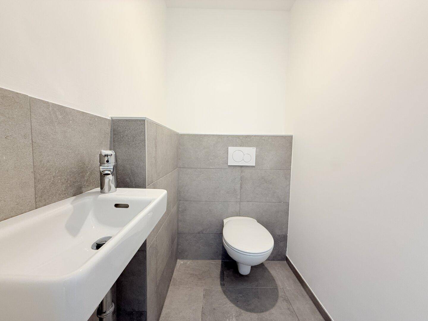 Modernes Gäste-WC mit Wand-WC, kleinem Waschbecken und grauen Fliesen.