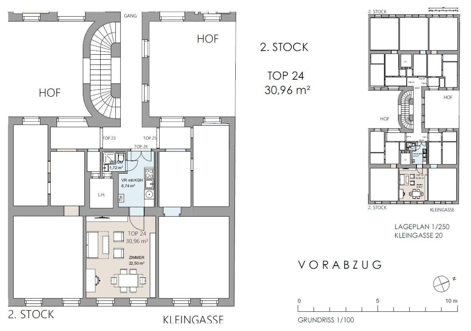 Grundriss der Wohnung Top 24 im 2. Stock mit 30,96 m² Wohnfläche und klarer Raumaufteilung.