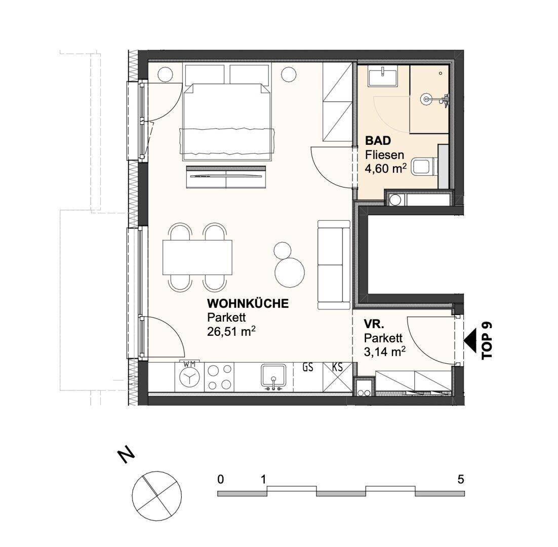 Grundriss der Wohnung TOP 9 mit Wohnküche, Schlafzimmer und Bad.