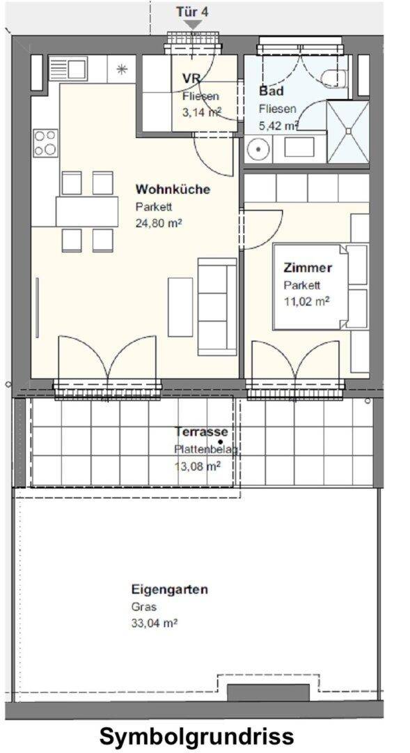 Grundriss einer Wohnung mit Wohnküche, einem Zimmer, Bad, Terrasse und eigenem Garten.