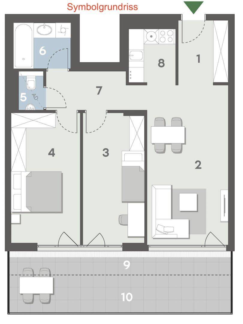 Grundriss einer Wohnung mit zwei Schlafzimmern, offenem Wohnbereich und großem Balkon.
