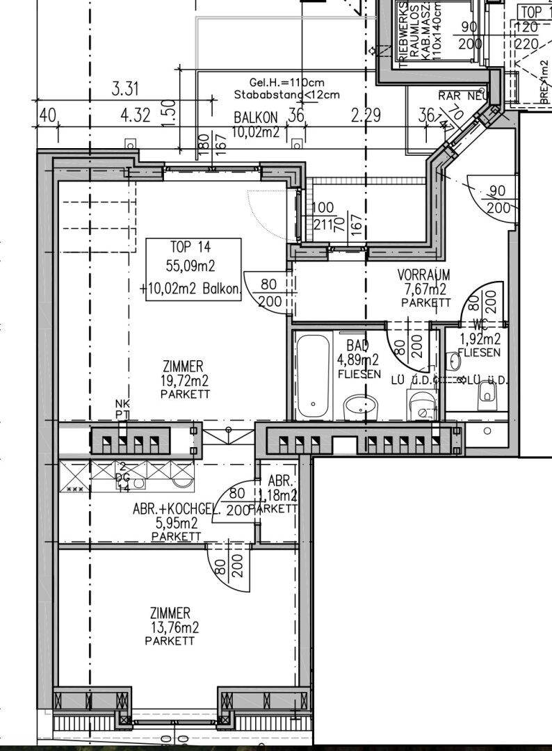 Detaillierter Grundriss einer Wohnung mit Zimmern, Bad, Vorraum, Kochnische und Balkon.