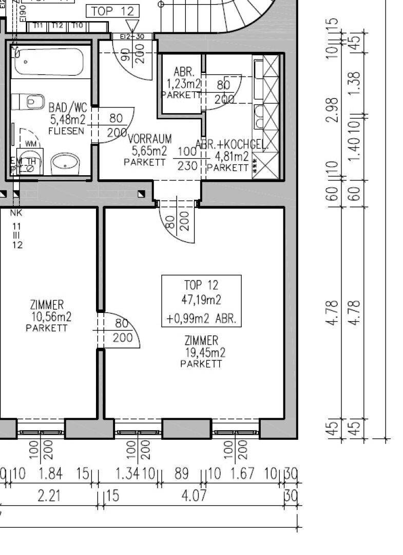Detaillierter Grundriss einer Wohnung mit Zimmern, Bad und Küche, inklusive Flächenangaben.