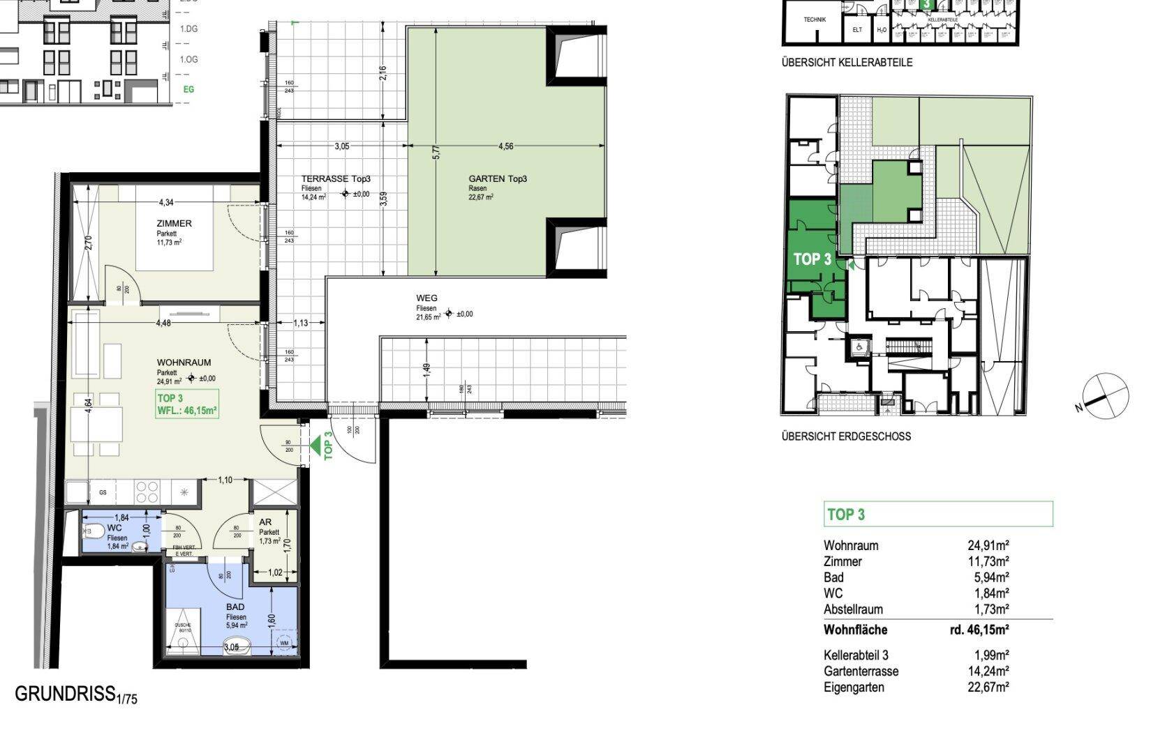Detaillierter Grundriss von Top 3 mit Wohnraum, Zimmern, Bad, WC, Terrasse und Garten.