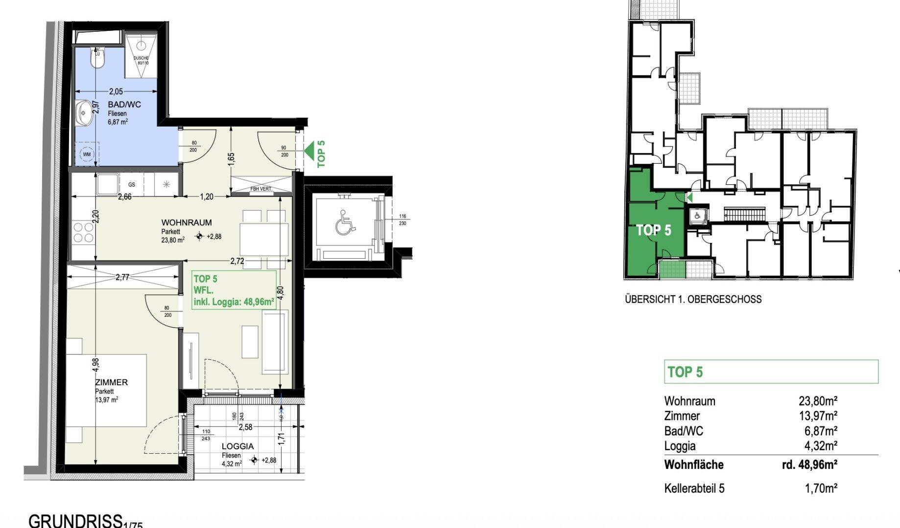 Grundriss der Wohnung TOP 5 im ersten Obergeschoss mit Loggia, Bad/WC und separatem WC.