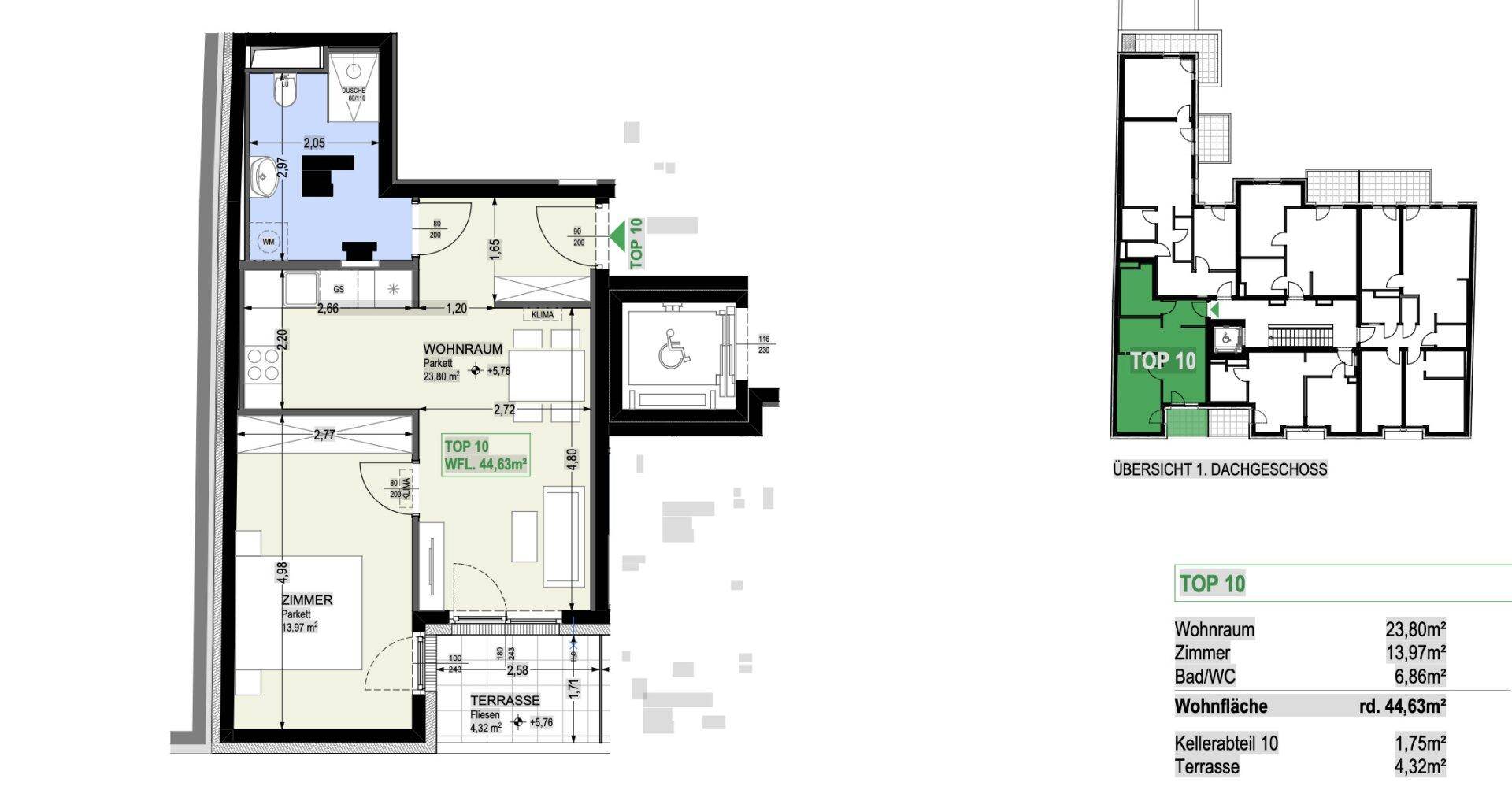 Grundriss der Wohnung TOP 10 im Dachgeschoss mit Wohnraum, Zimmer und Terrasse.