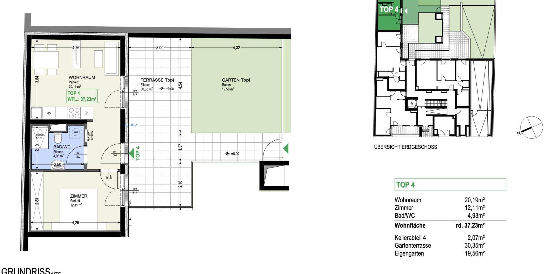 Grundriss der Wohnung Top 4 im Erdgeschoss mit Wohnraum, Zimmer, Bad/WC, Terrasse und Garten.