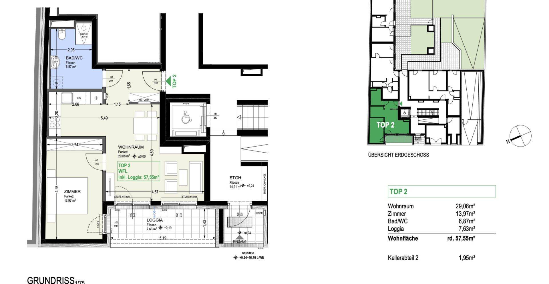 Grundriss der Wohnung TOP 2 mit Wohnraum, Zimmer, Bad/WC und Loggia, inklusive Gesamtübersicht.