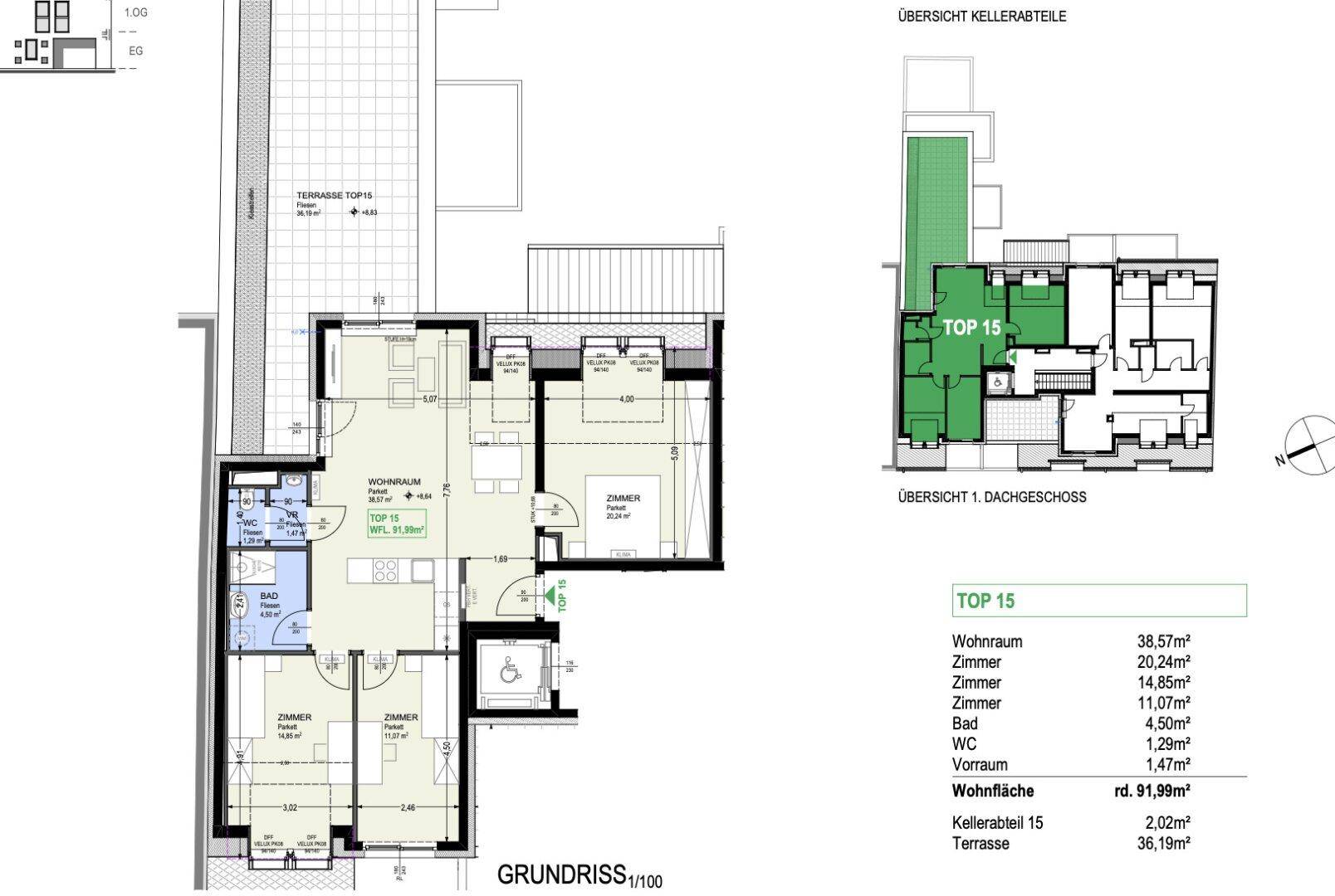 Detaillierter Grundriss der Wohnung TOP 15 mit Wohnraum, drei Zimmern und großer Terrasse.