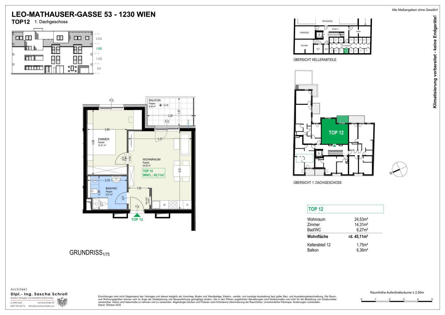 Detaillierter Grundriss der Wohnung TOP 12 mit Balkon, Kellerabteil und Dachgeschossübersicht.