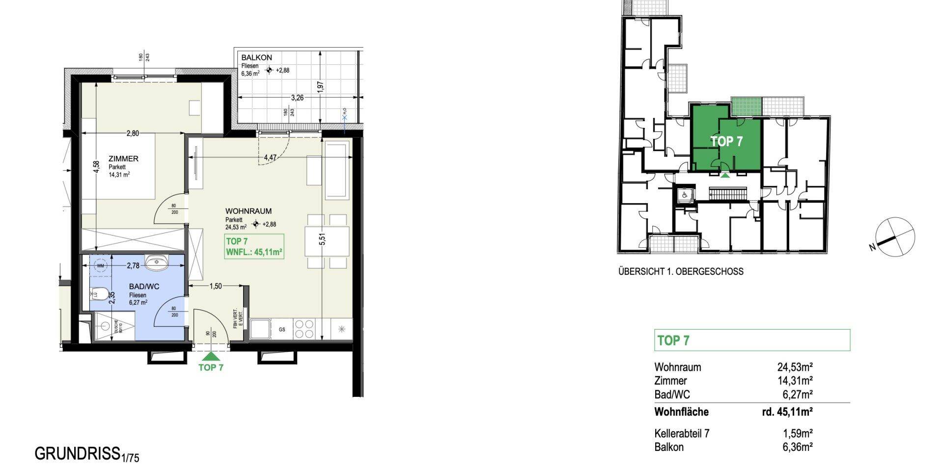 Übersichtlicher Grundriss der Wohnung TOP 7 mit allen Räumen und einem Balkon.