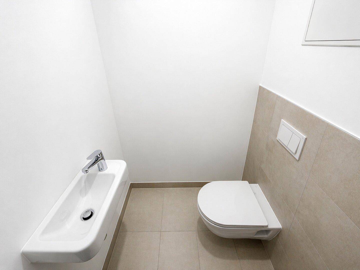 Kleines Gäste-WC mit wandhängender Toilette und minimalistischem Handwaschbecken.