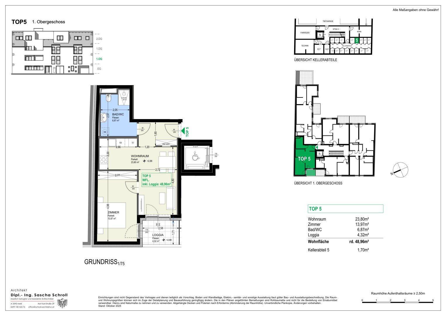 Grundriss des 1. Obergeschosses mit Wohnraum, Zimmer und Loggia.