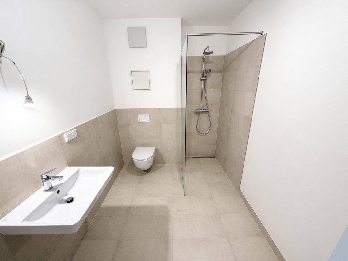 Modernes Badezimmer mit ebenerdiger Dusche, Wand-WC und großem Waschbecken.