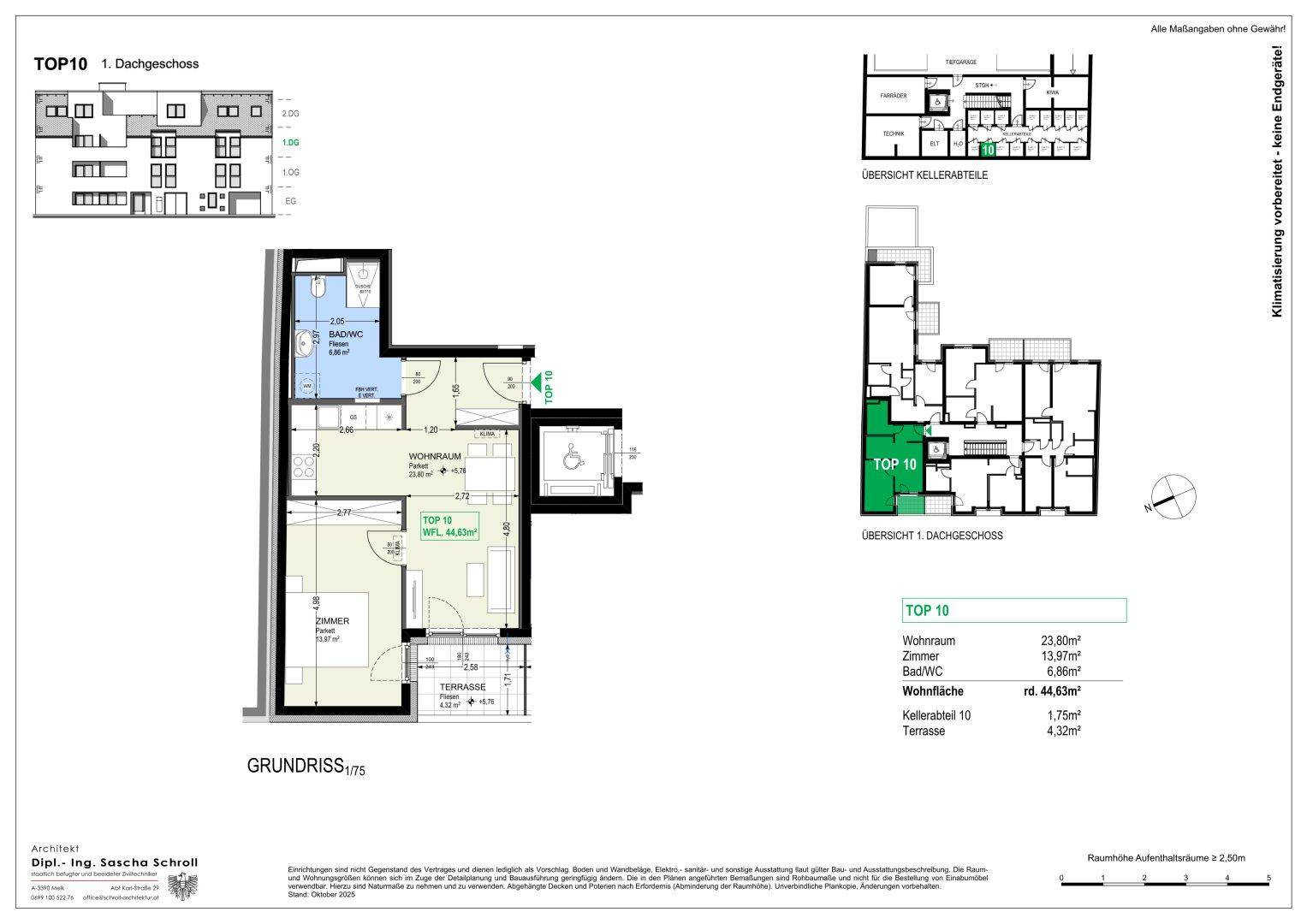 Grundriss der Wohnung TOP 10 im Dachgeschoss mit Wohnraum, Schlafzimmer und Terrasse.
