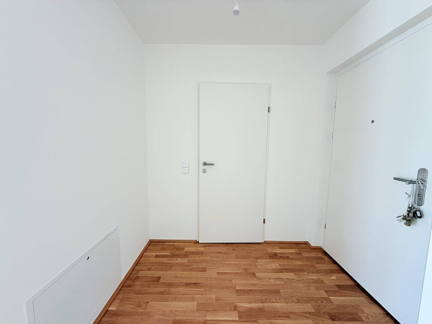Heller Eingangsbereich mit Holzboden und weiß gestrichenen Wänden.