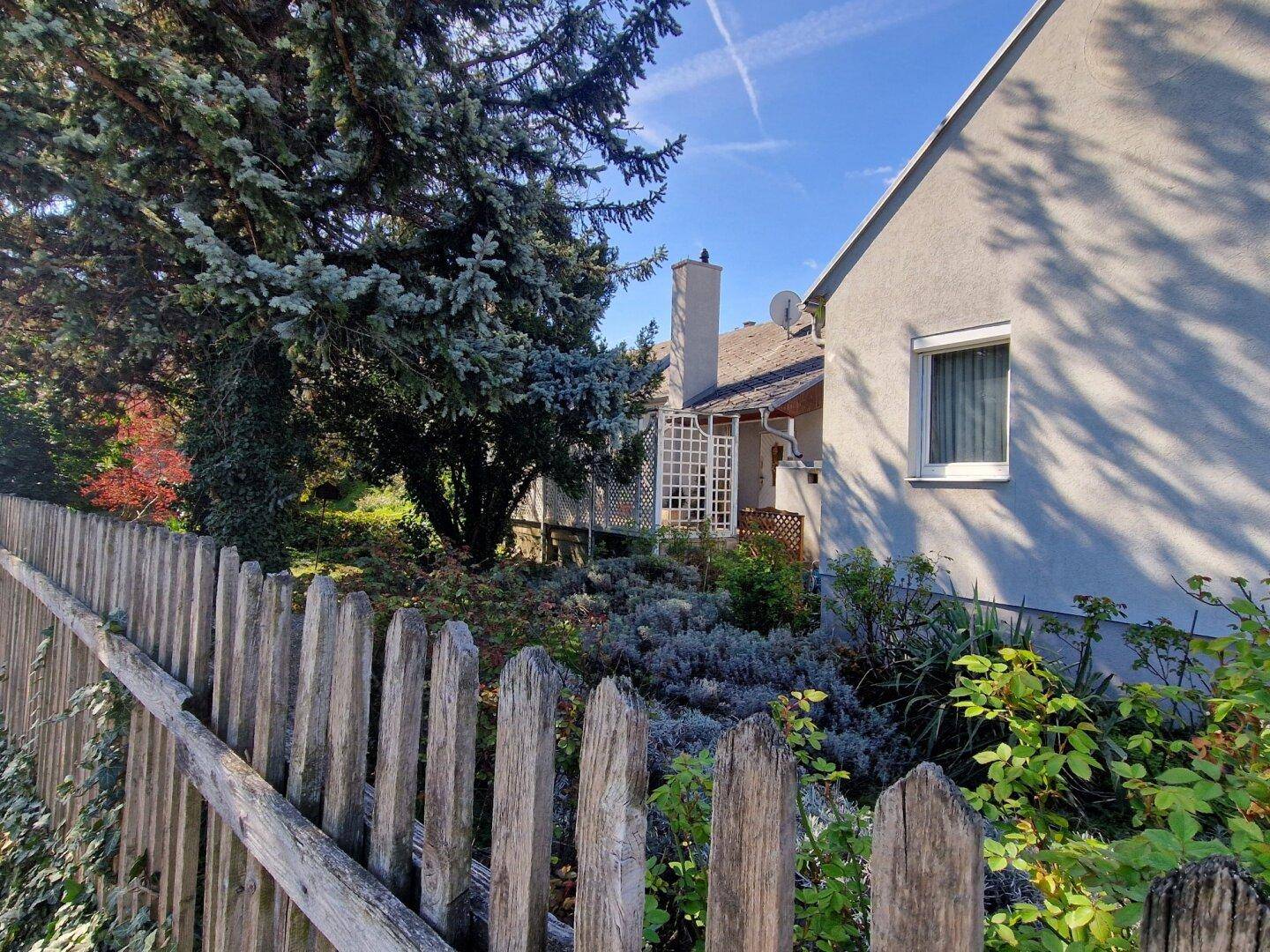 Seitenansicht des Hauses mit einem Holzzaun, Nadelbäumen und einem gepflegten Gartenbereich unter blauem Himmel.