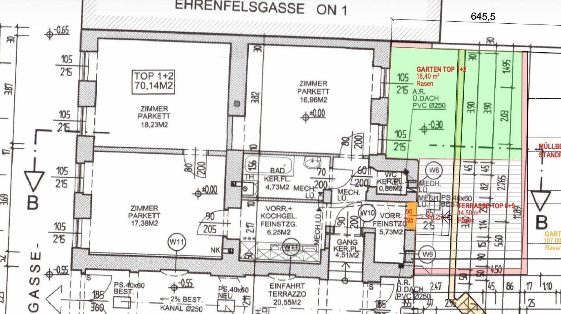 Grundriss zeigt zwei Wohnungen mit Zimmern, Bad, WC und Gartenanteil.