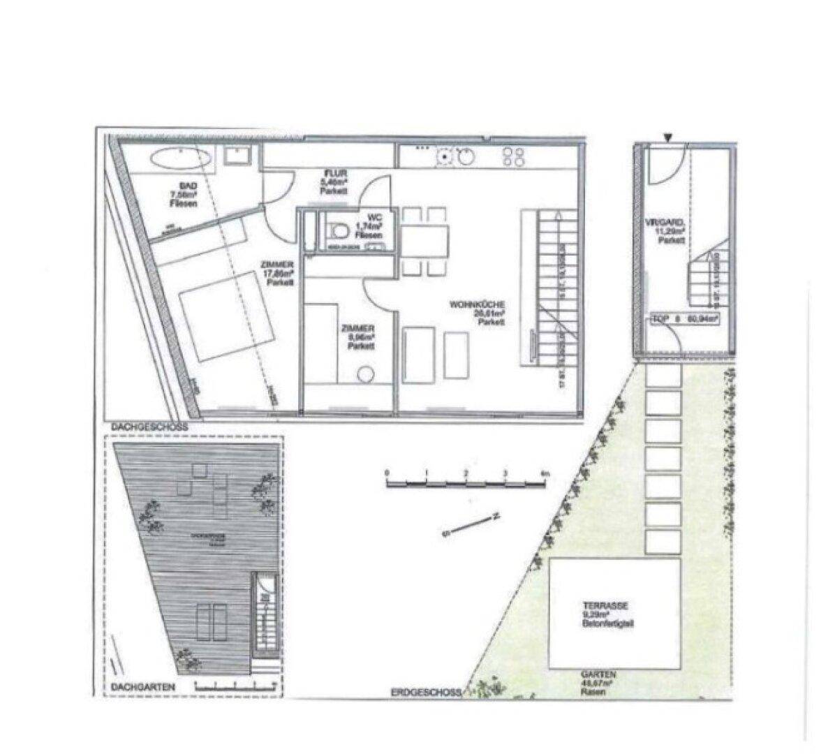 Grundriss des Dachgeschosses und Erdgeschosses mit Dachgarten, Terrasse und Gartenbereich.