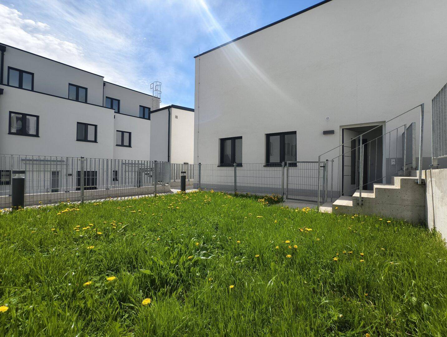Kleiner Gartenbereich mit Rasenfläche und Gitterzaun vor modernen Gebäuden.