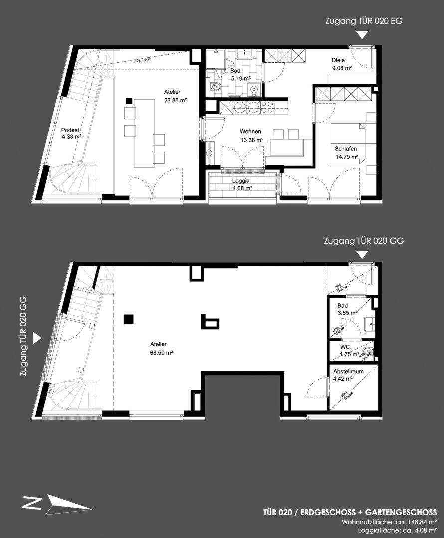 Grundrisspläne für Erdgeschoss und Gartengeschoss mit Atelier, Bad und Wohnbereichen.