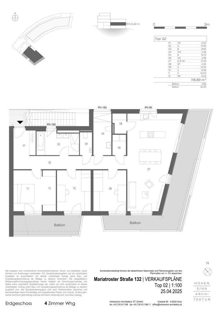 Grundriss einer 4-Zimmer-Wohnung im Erdgeschoss mit zwei Balkonen und offenem Wohnbereich.