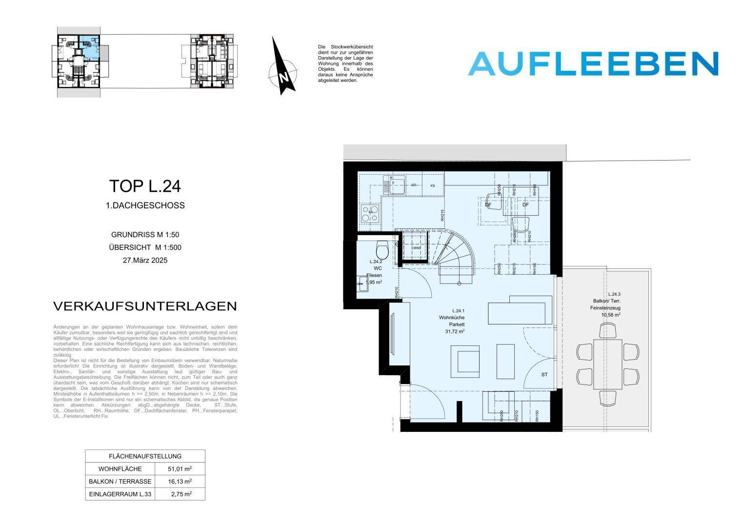 Grundriss der Wohnung TOP L.24 im Dachgeschoss mit offenem Wohn- und Küchenbereich, separatem WC und einer großzügigen Terrasse.