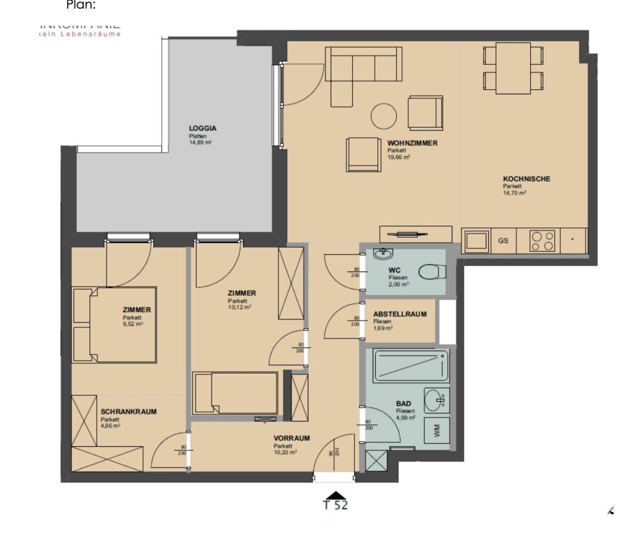 Detaillierter Grundriss einer Wohnung mit drei Zimmern, Loggia und offener Küche.