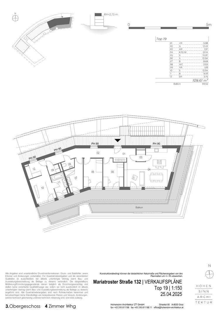 Grundriss für eine 4-Zimmer-Wohnung im Obergeschoss mit großem Balkon und offener Küche.