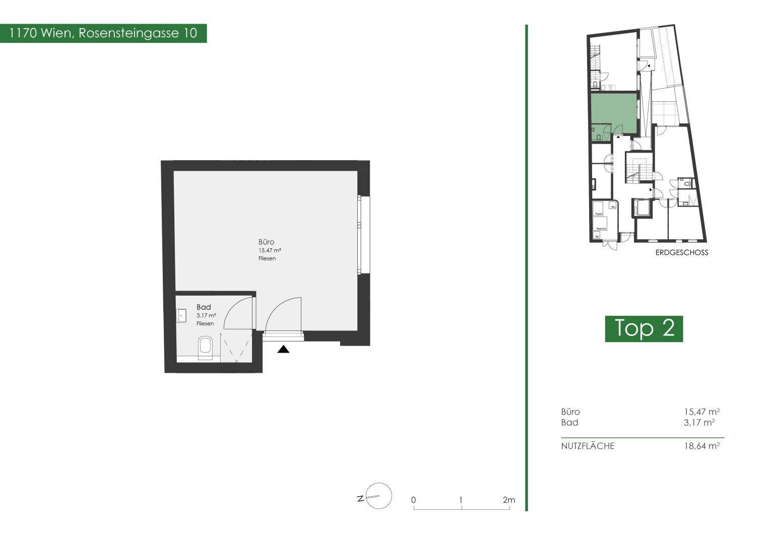 Grundriss des Erdgeschosses mit Büro und Bad, Gesamtfläche 18,64 m².